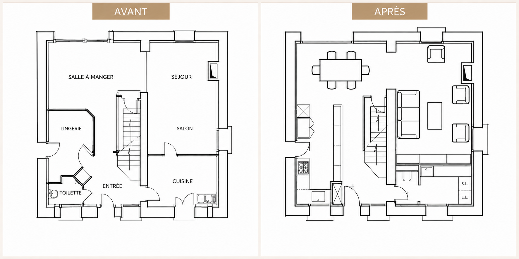 Plan avant / après — réorganisation du rez-de-chaussée et nouvelle cuisine au cœur de la maison