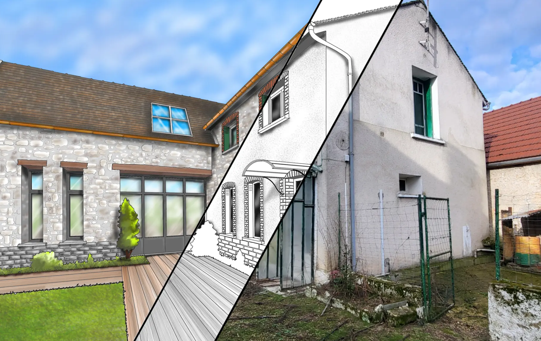 Rénovation d'une maison à Fontainebleau : état existant, croquis d'architecte et projet réalisé