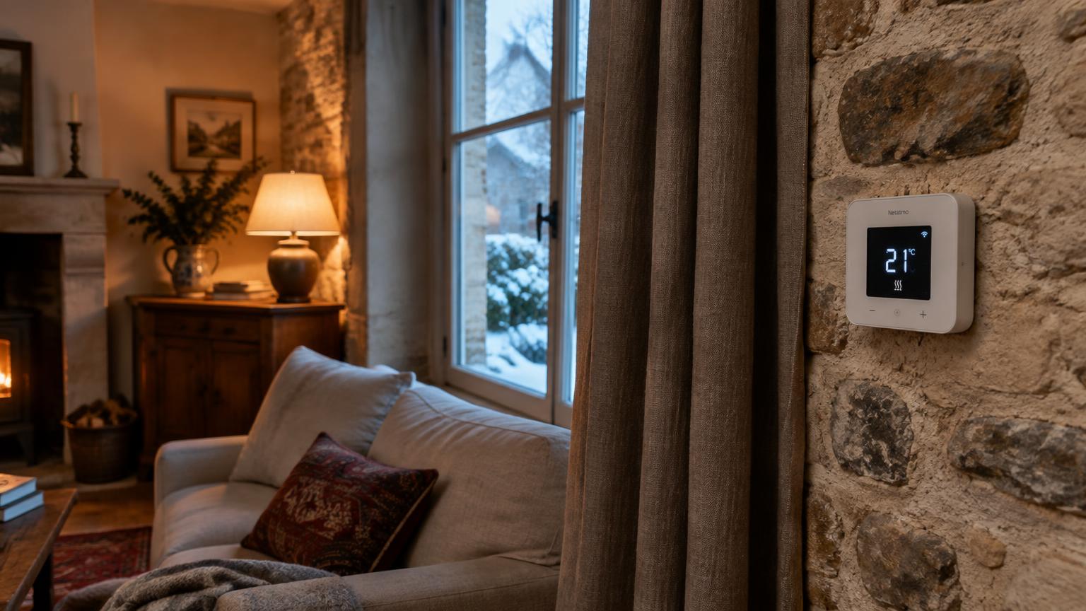 Salon chaleureux en hiver, thermostat à 21 °C près d'un mur en pierre et d'un rideau épais