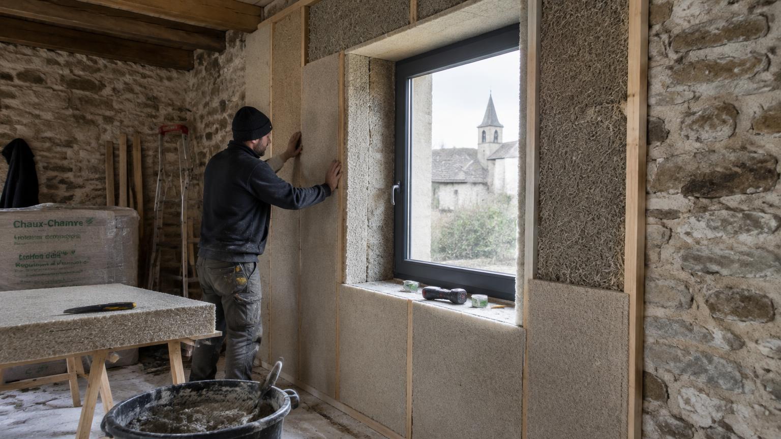 Mur ancien en pierre en cours d'isolation intérieure autour d'une fenêtre